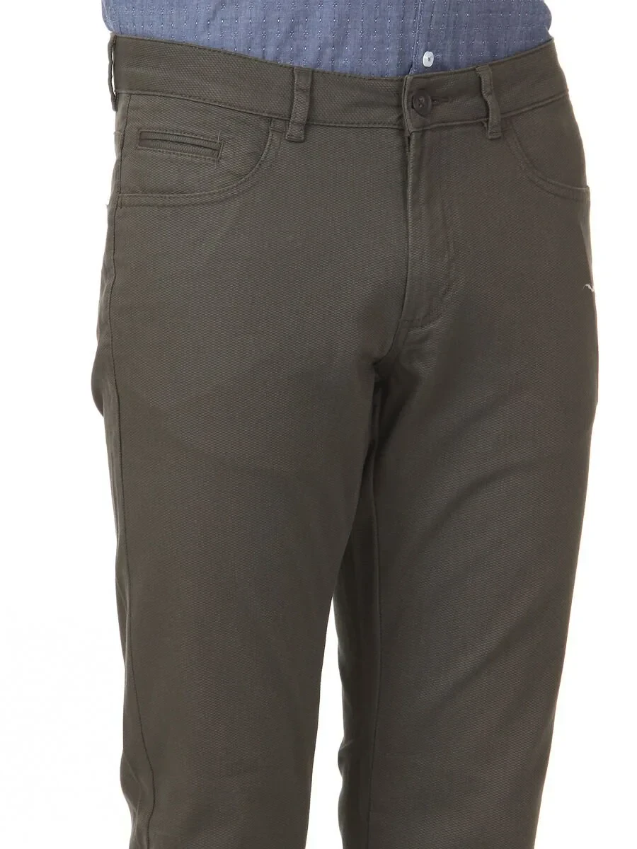 Khaki Weaving Slim Fit Casual Cotton Blended Trousers - 2