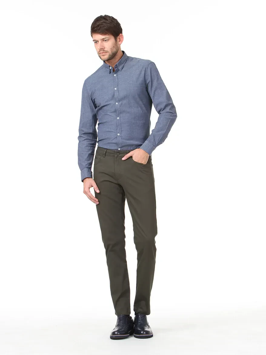 Khaki Weaving Slim Fit Casual Cotton Blended Trousers - 3