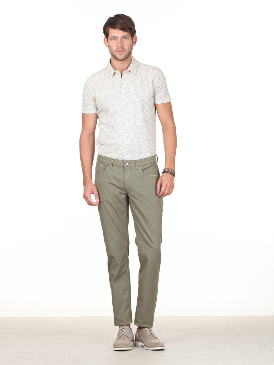 Khaki Weaving Slim Fit Casual Cotton Blended Trousers - 1