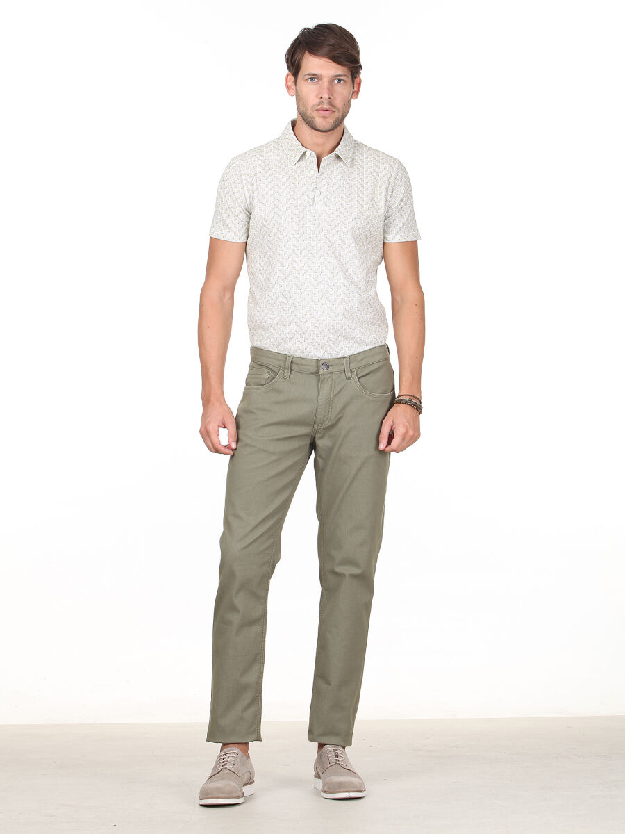 Khaki Weaving Slim Fit Casual Cotton Blended Trousers - 2