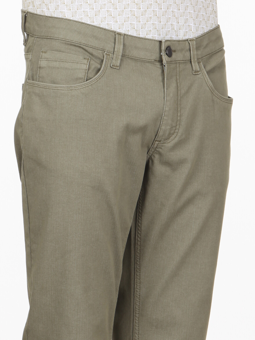Khaki Weaving Slim Fit Casual Cotton Blended Trousers - 3