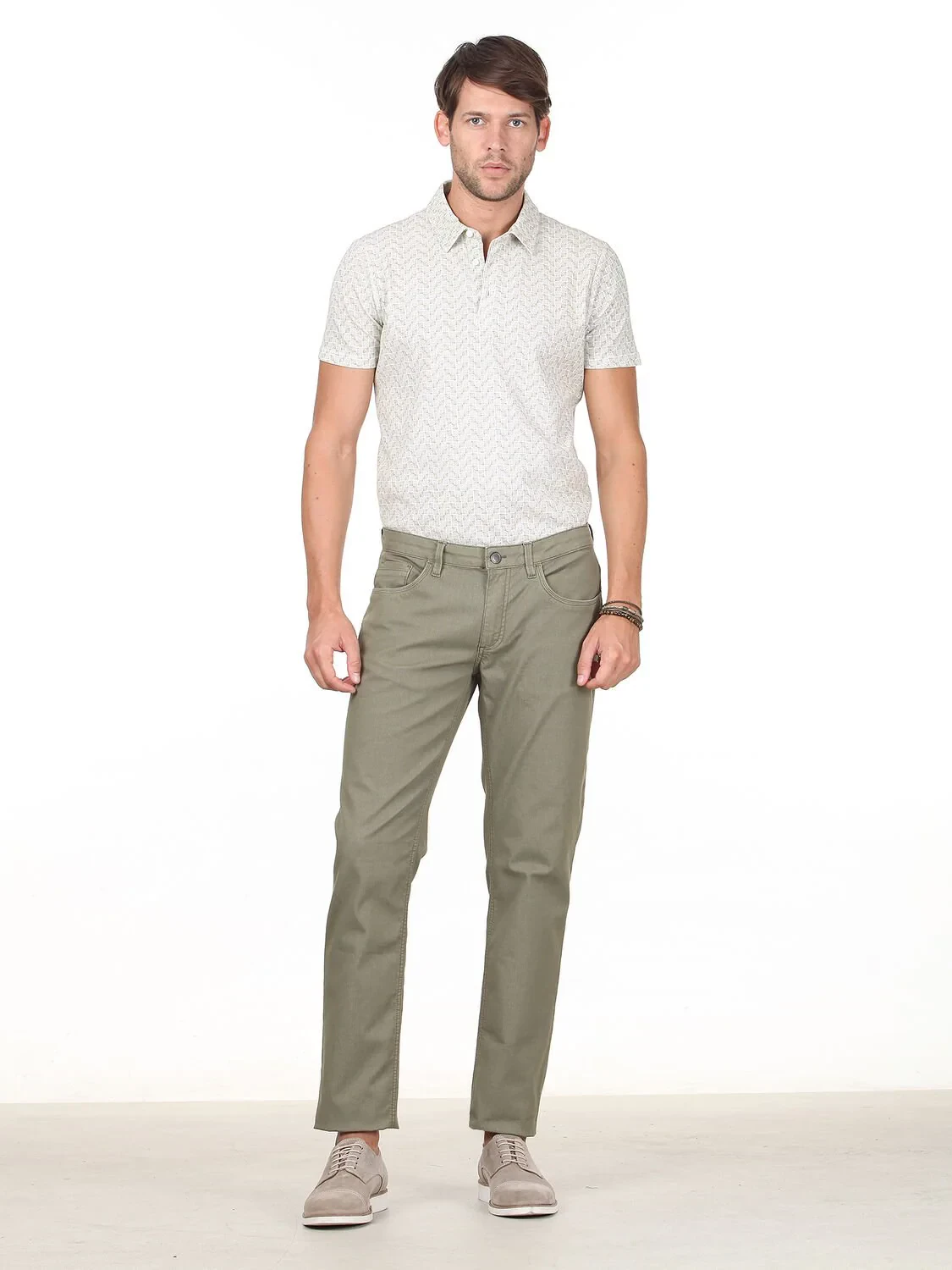 Khaki Weaving Slim Fit Casual Cotton Blended Trousers - 2