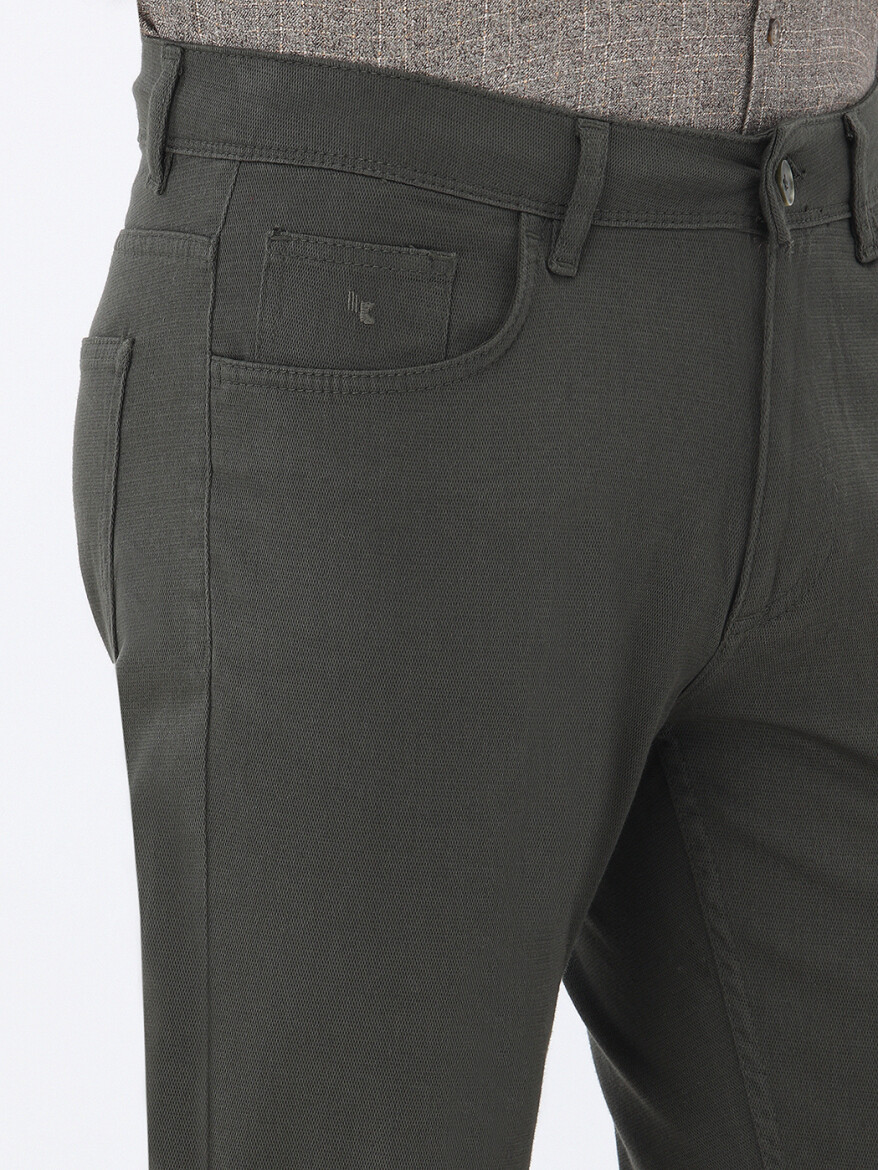 Khaki Weaving Slim Fit Casual Cotton Blended Trousers - 3