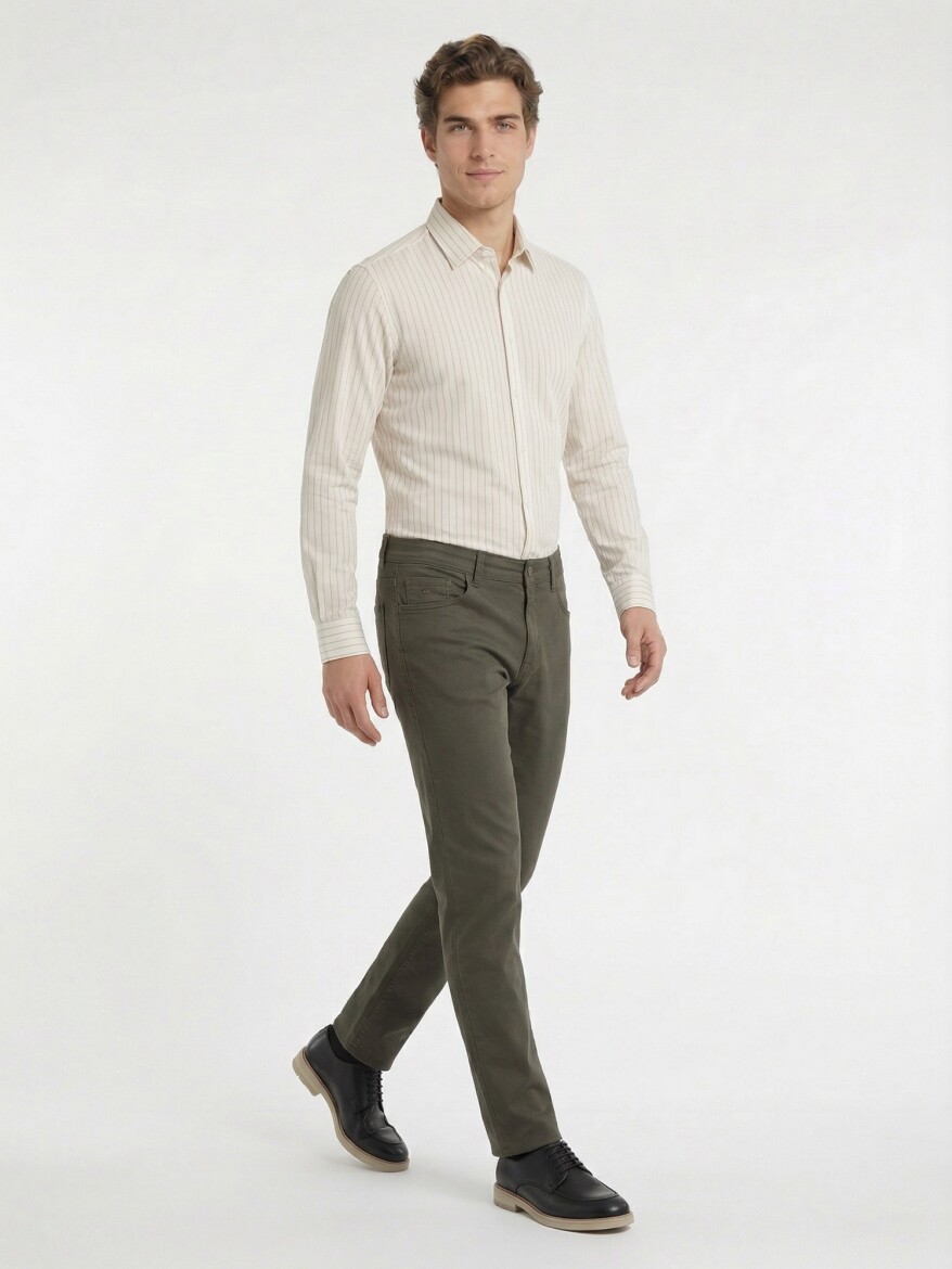 Khaki Weaving Slim Fit Casual Cotton Blended Trousers - 1