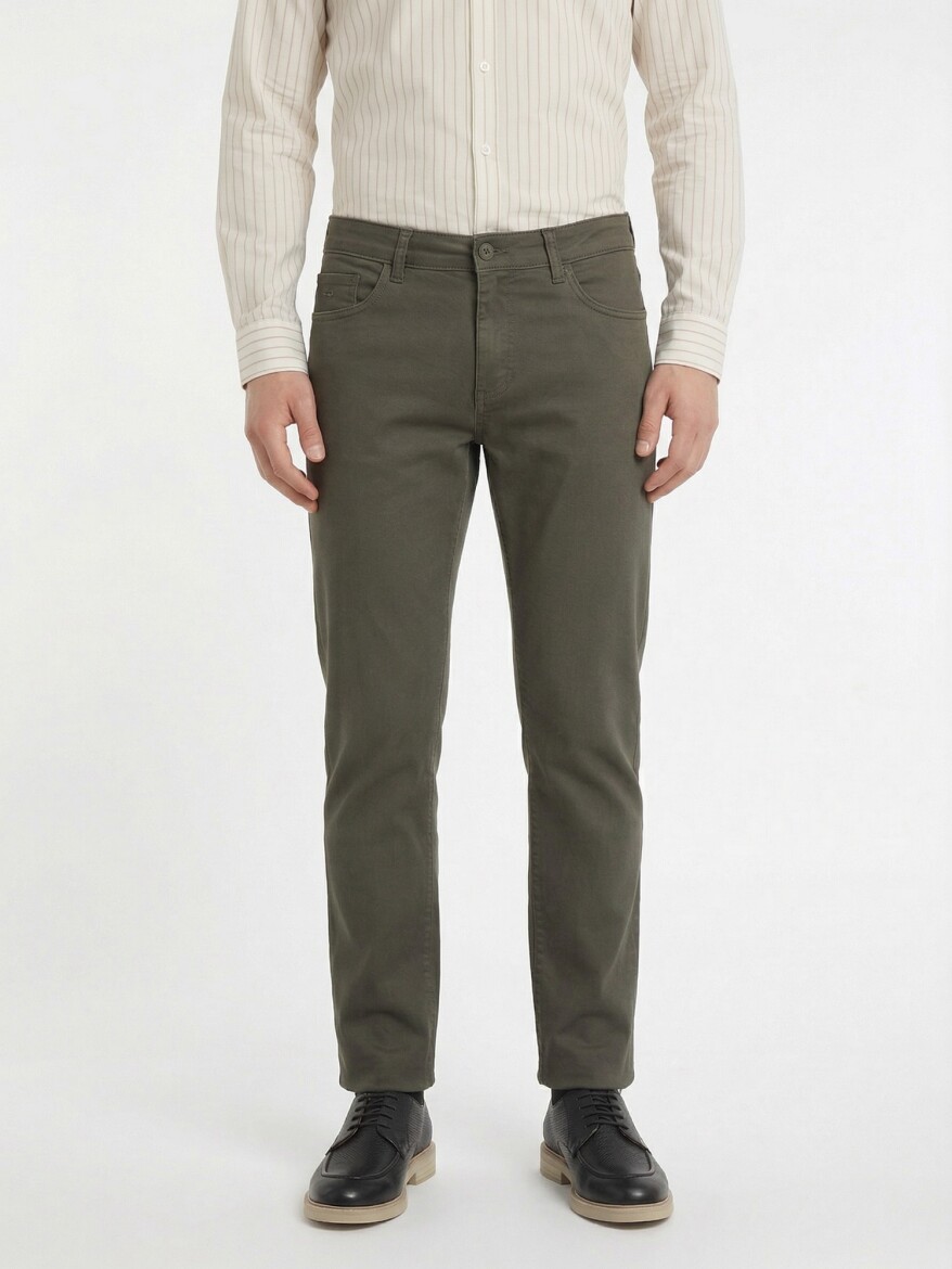 Khaki Weaving Slim Fit Casual Cotton Blended Trousers - 2