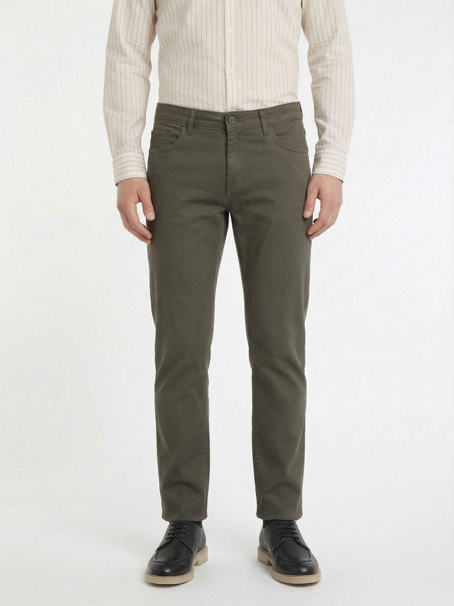 Khaki Weaving Slim Fit Casual Cotton Blended Trousers - 2