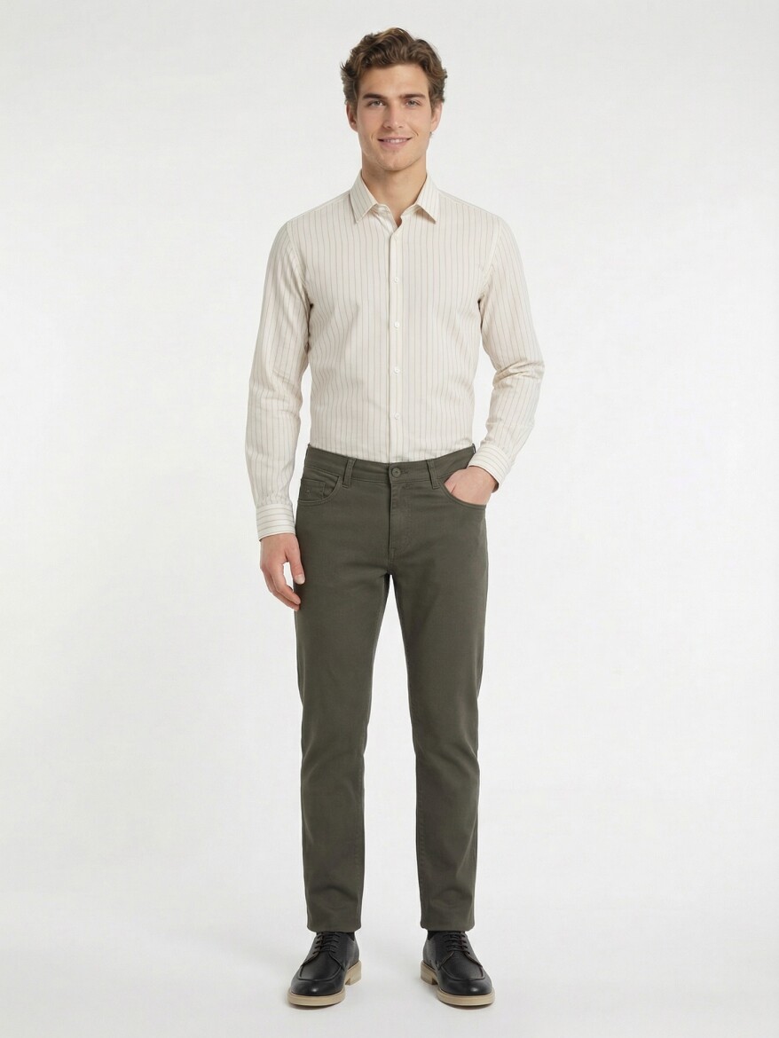 Khaki Weaving Slim Fit Casual Cotton Blended Trousers - 3