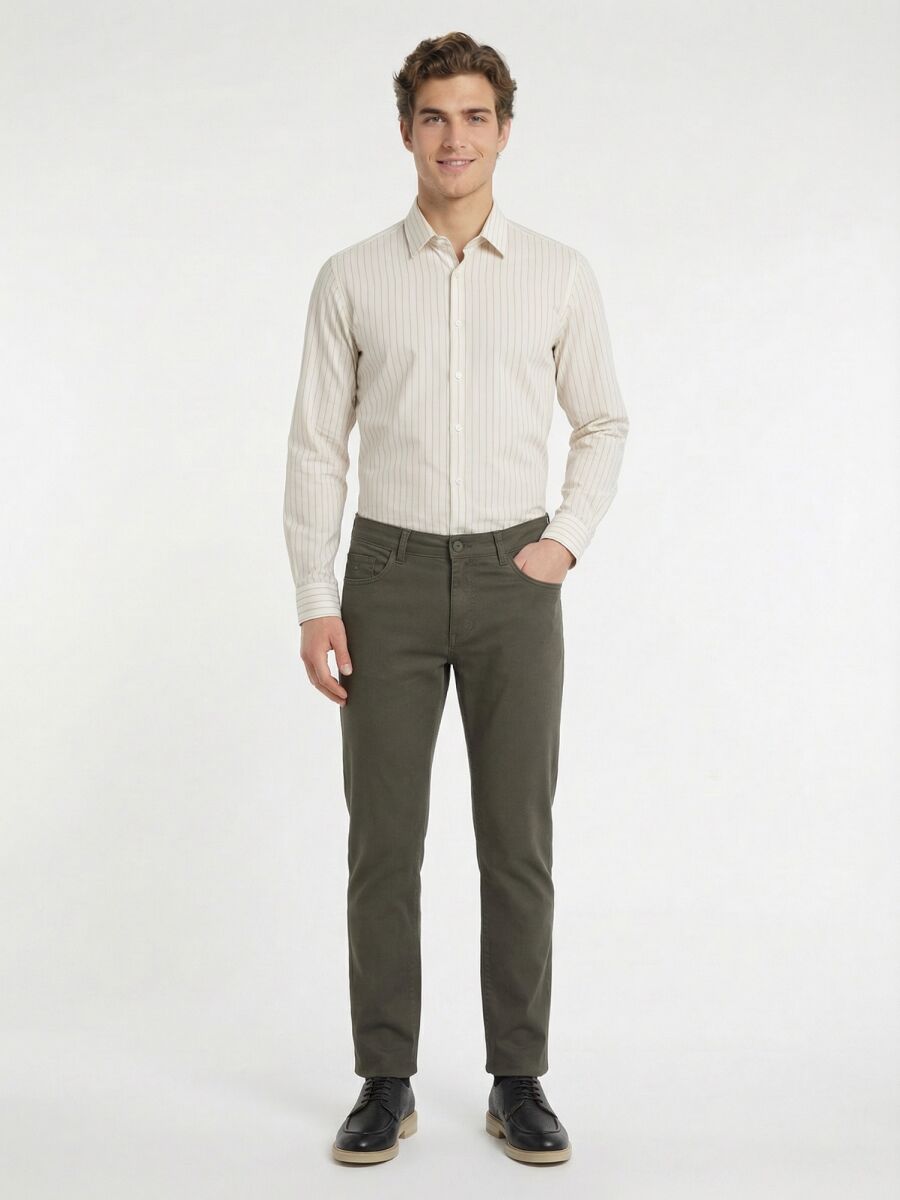 Khaki Weaving Slim Fit Casual Cotton Blended Trousers - 3