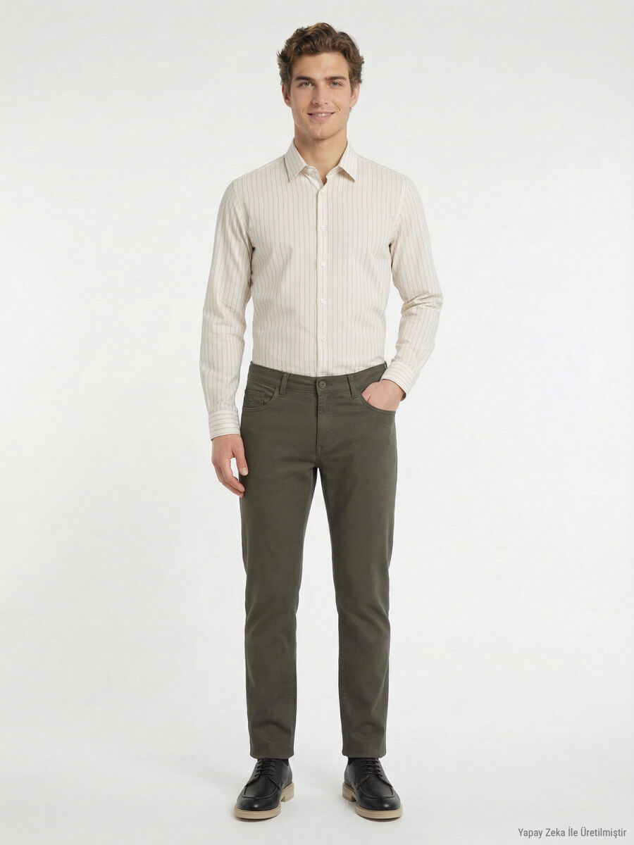 Khaki Weaving Slim Fit Casual Cotton Blended Trousers - 3