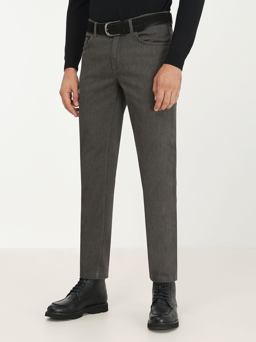 Khaki Weaving Slim Fit Casual Cotton Blended Trousers - 1