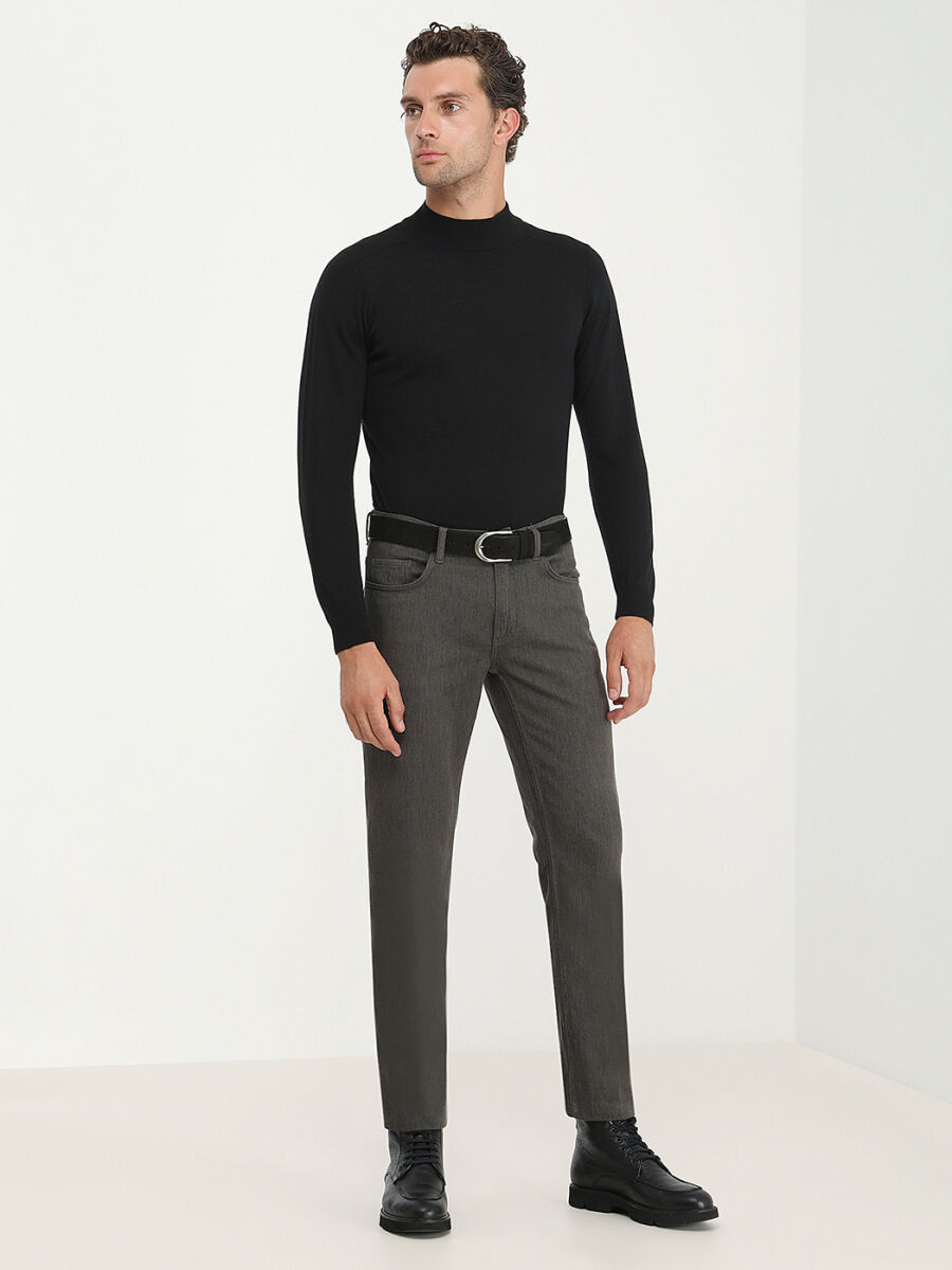 Khaki Weaving Slim Fit Casual Cotton Blended Trousers - 2