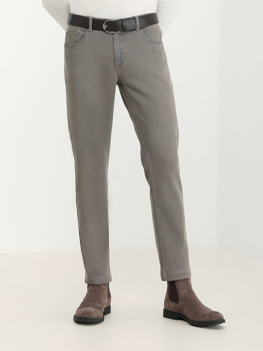 Khaki Weaving Slim Fit Casual Cotton Blended Trousers - 1