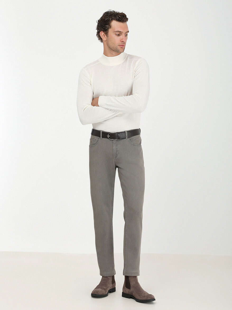 Khaki Weaving Slim Fit Casual Cotton Blended Trousers - 2