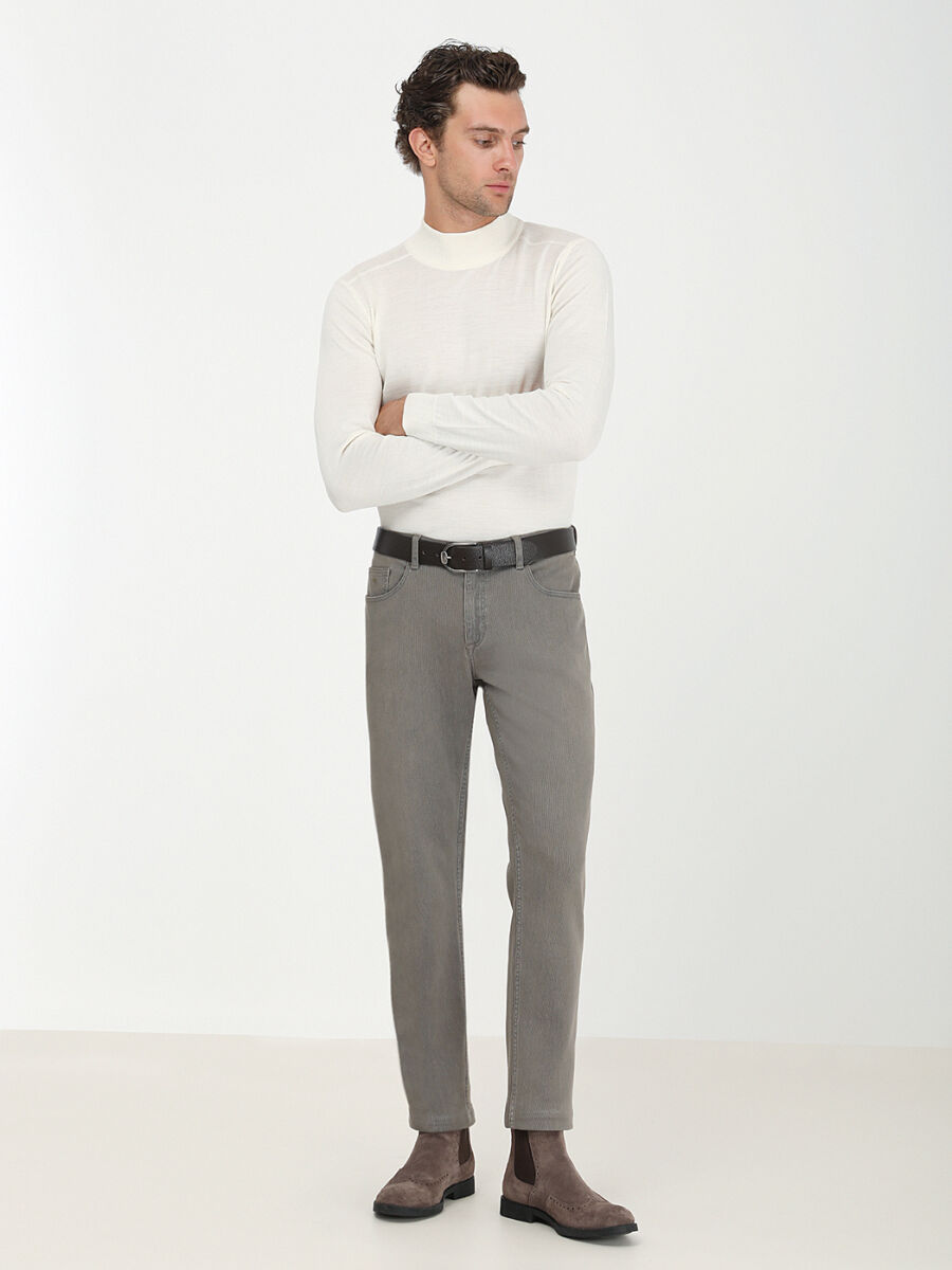 Khaki Weaving Slim Fit Casual Cotton Blended Trousers - 2