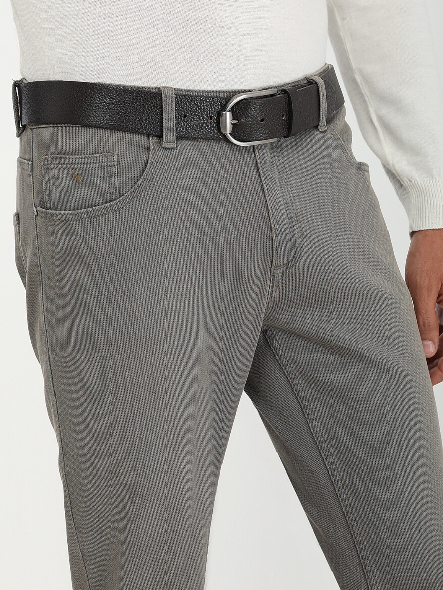 Khaki Weaving Slim Fit Casual Cotton Blended Trousers - 3