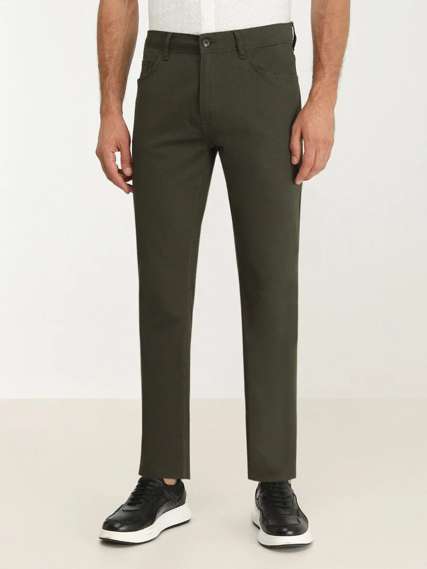 Khaki Weaving Slim Fit Casual Cotton Blended Trousers - 1