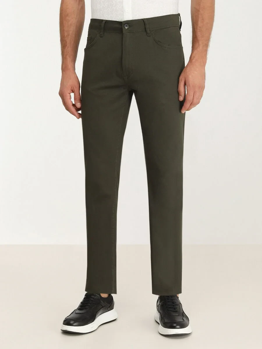 Khaki Weaving Slim Fit Casual Cotton Blended Trousers - 1