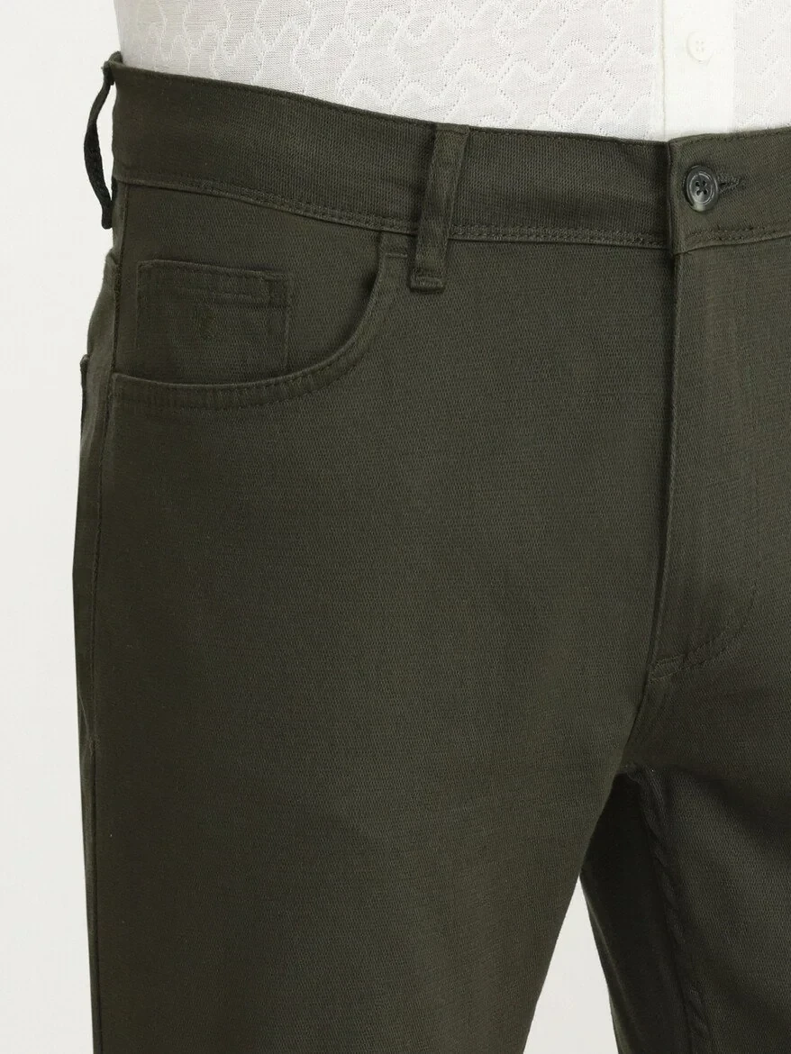 Khaki Weaving Slim Fit Casual Cotton Blended Trousers - 3