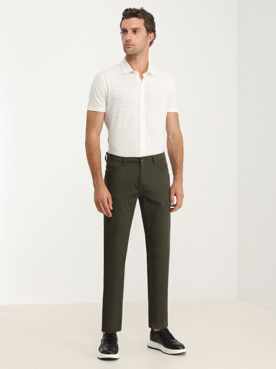 Khaki Weaving Slim Fit Casual Cotton Blended Trousers - 2