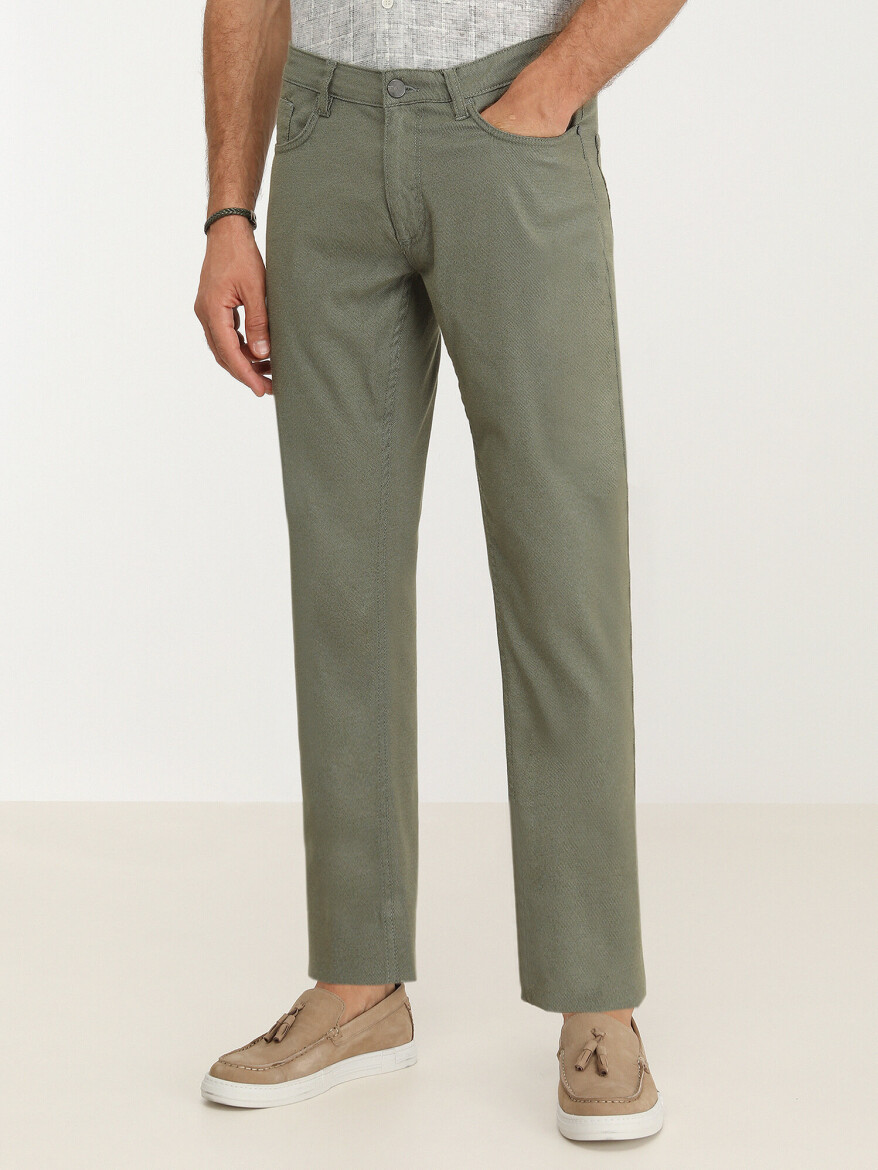 Khaki Weaving Slim Fit Casual Cotton Blended Trousers - 1