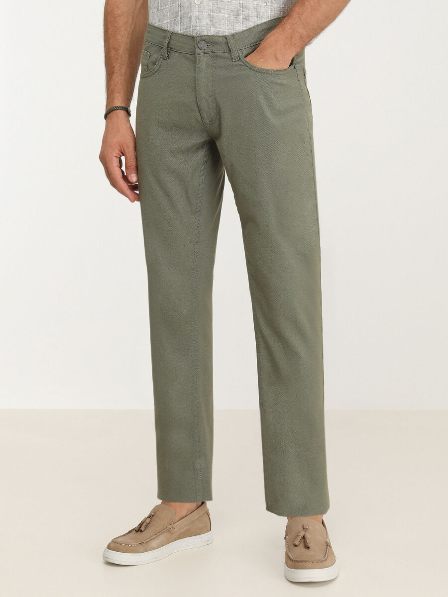 Khaki Weaving Slim Fit Casual Cotton Blended Trousers - 1
