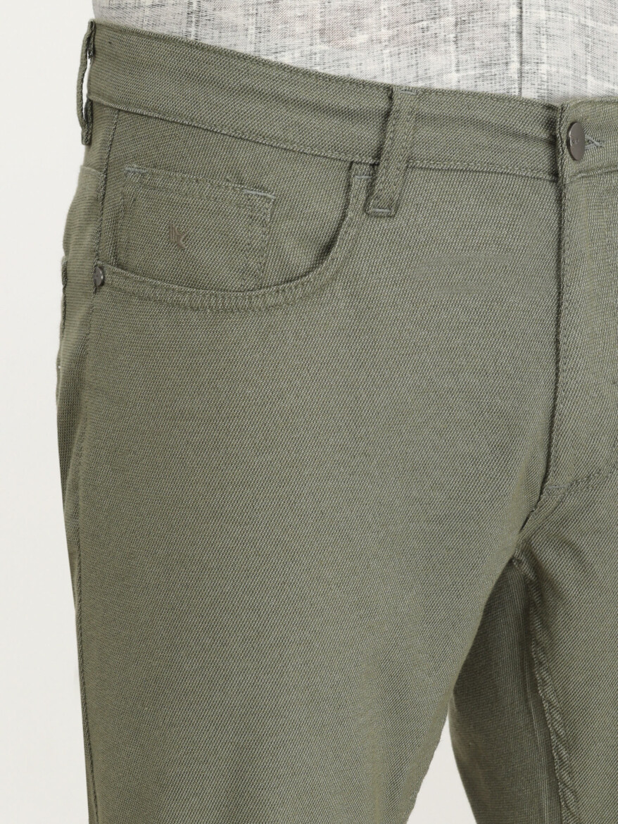Khaki Weaving Slim Fit Casual Cotton Blended Trousers - 3