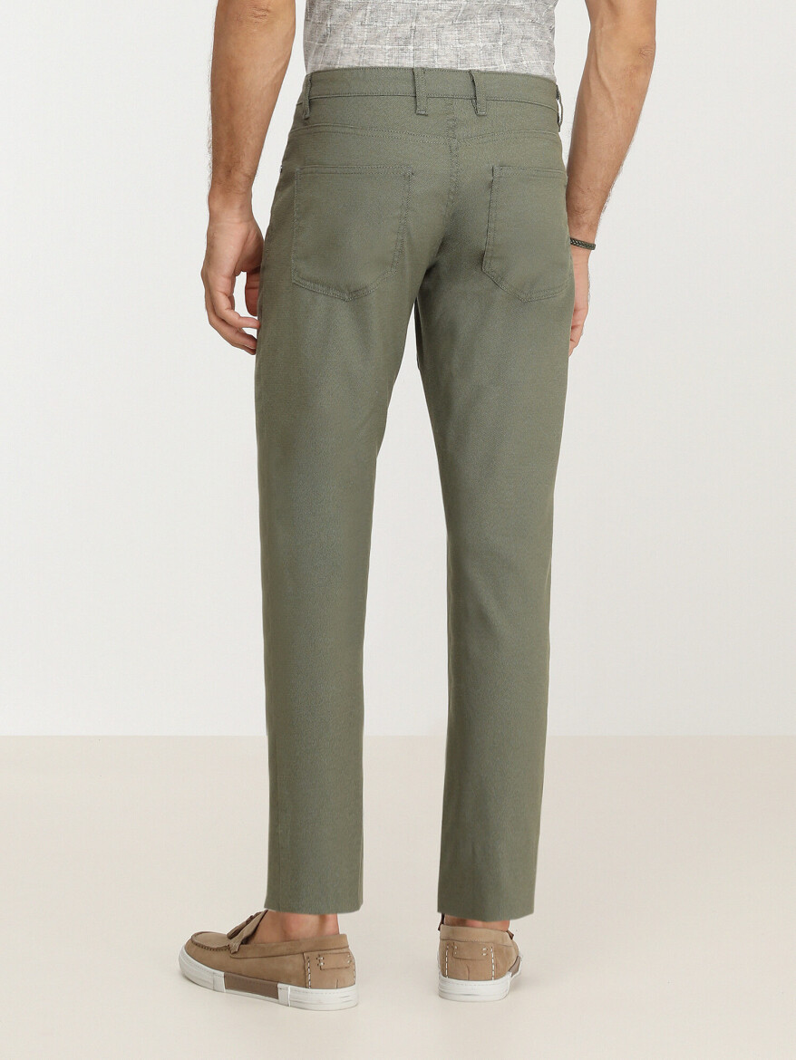 Khaki Weaving Slim Fit Casual Cotton Blended Trousers - 4