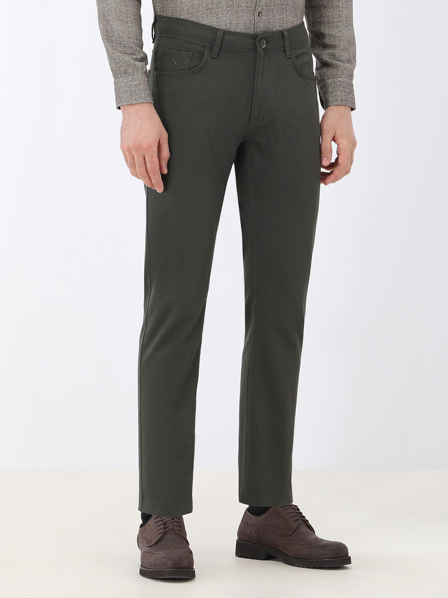 Khaki Weaving Slim Fit Casual Cotton Blended Trousers - 1