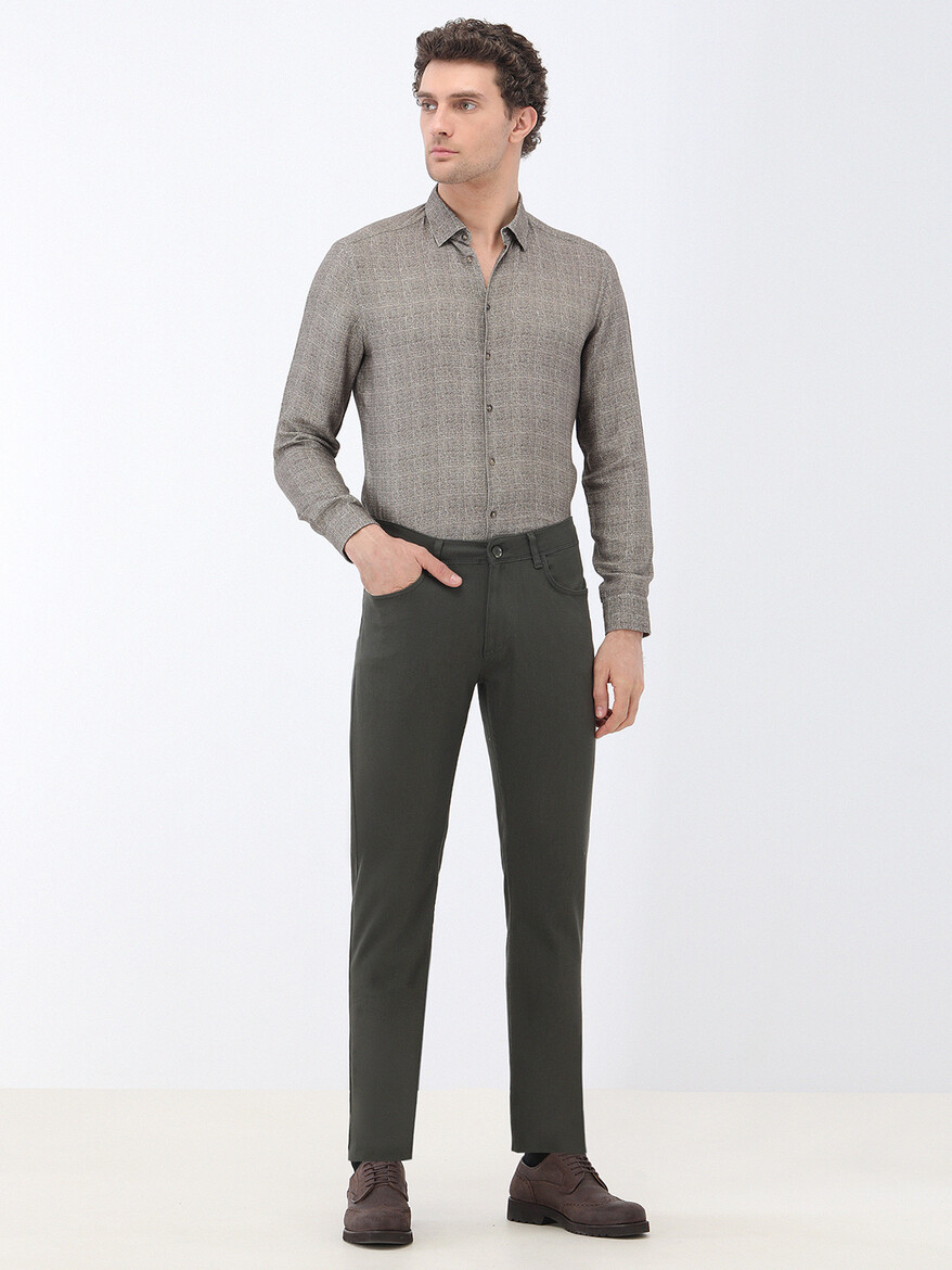 Khaki Weaving Slim Fit Casual Cotton Blended Trousers - 2