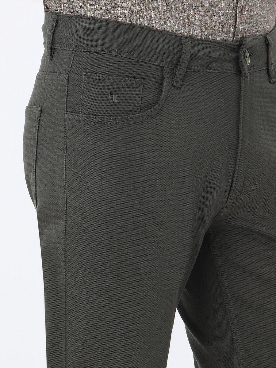 Khaki Weaving Slim Fit Casual Cotton Blended Trousers - 3