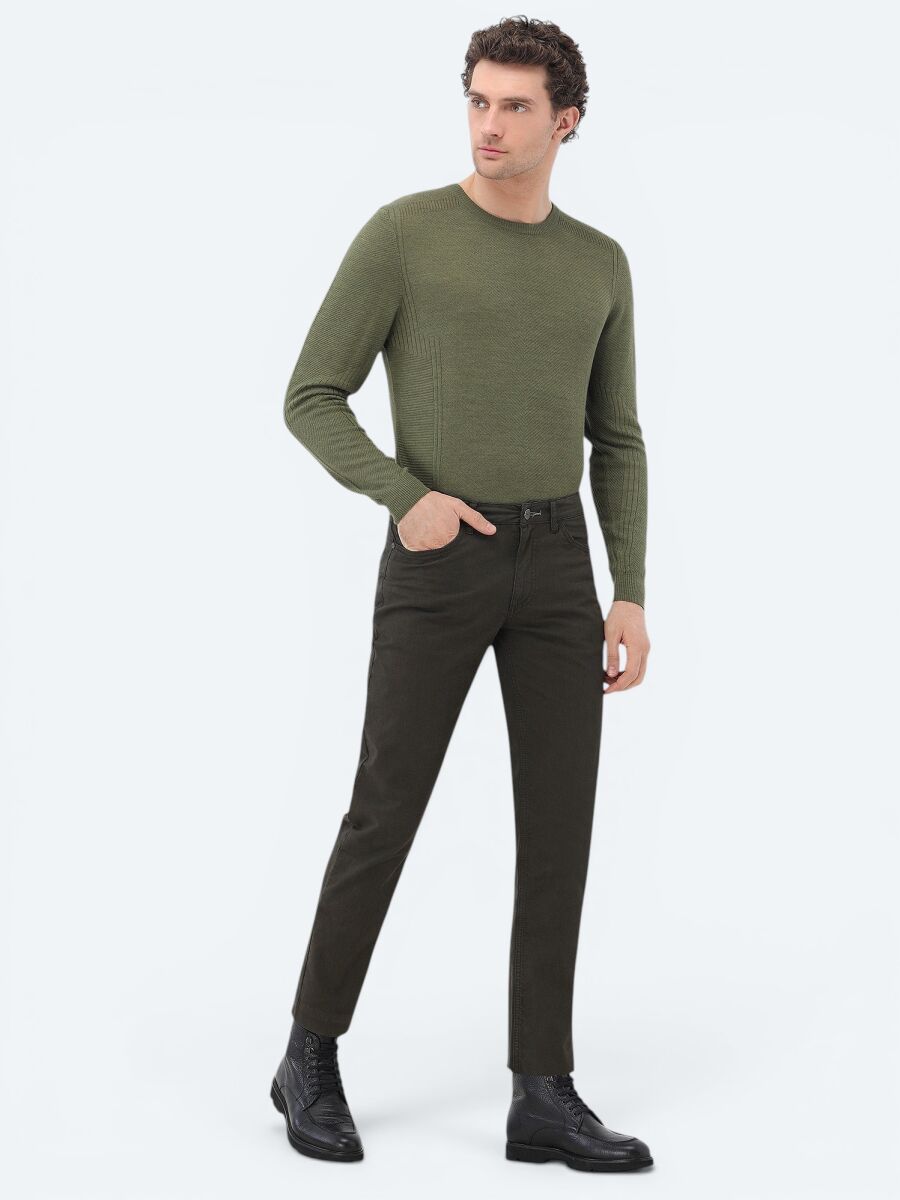 Khaki Weaving Slim Fit Casual Cotton Blended Trousers - 1