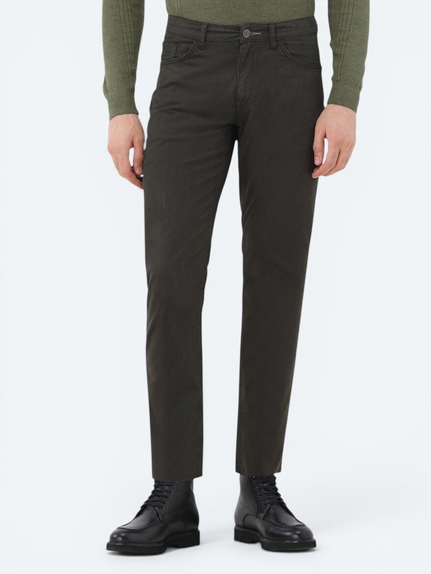 Khaki Weaving Slim Fit Casual Cotton Blended Trousers - KİP