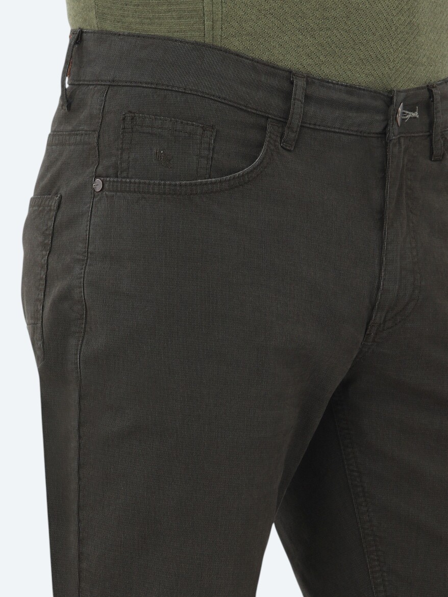 Khaki Weaving Slim Fit Casual Cotton Blended Trousers - 4
