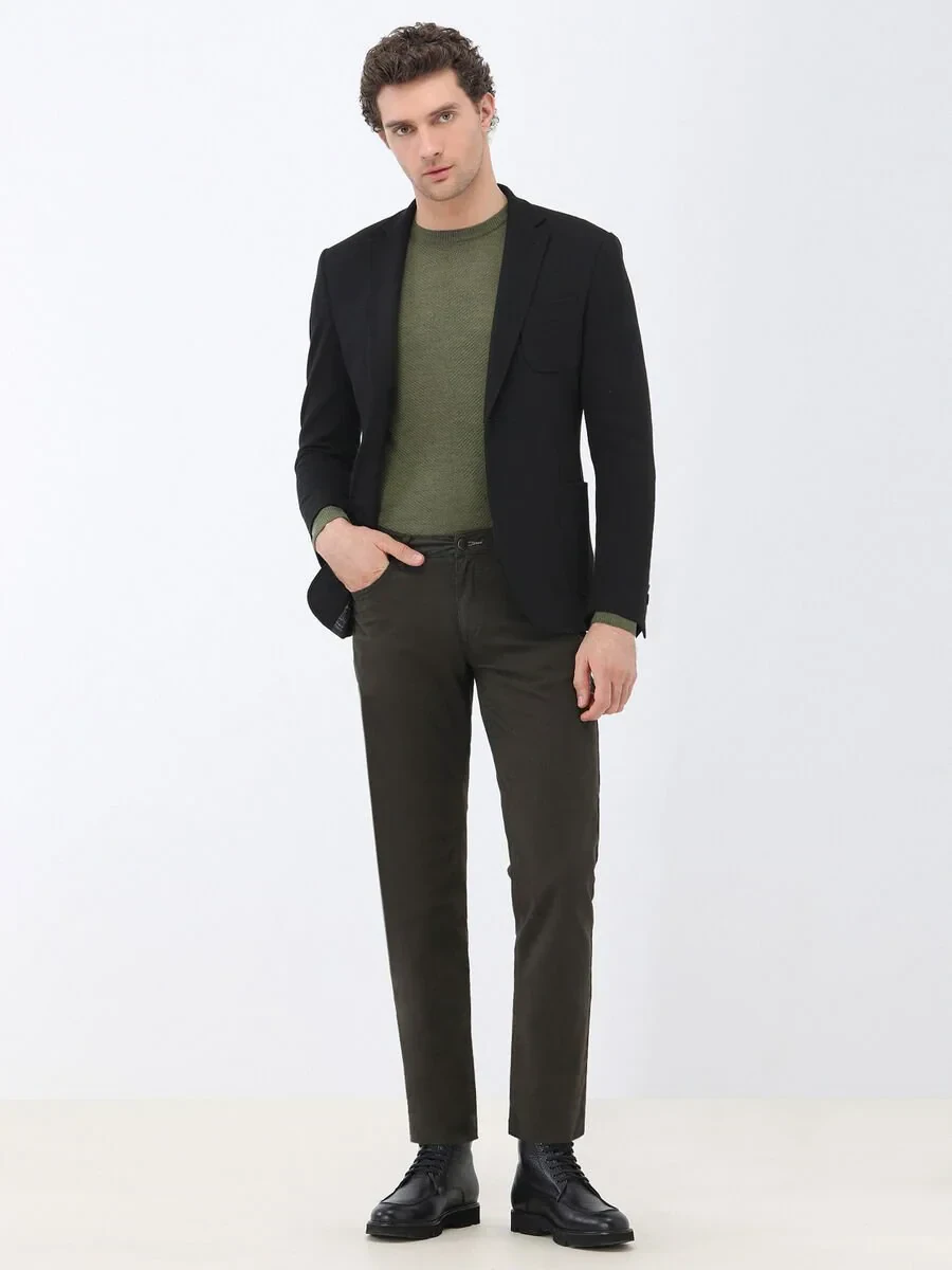 Khaki Weaving Slim Fit Casual Cotton Blended Trousers - 3