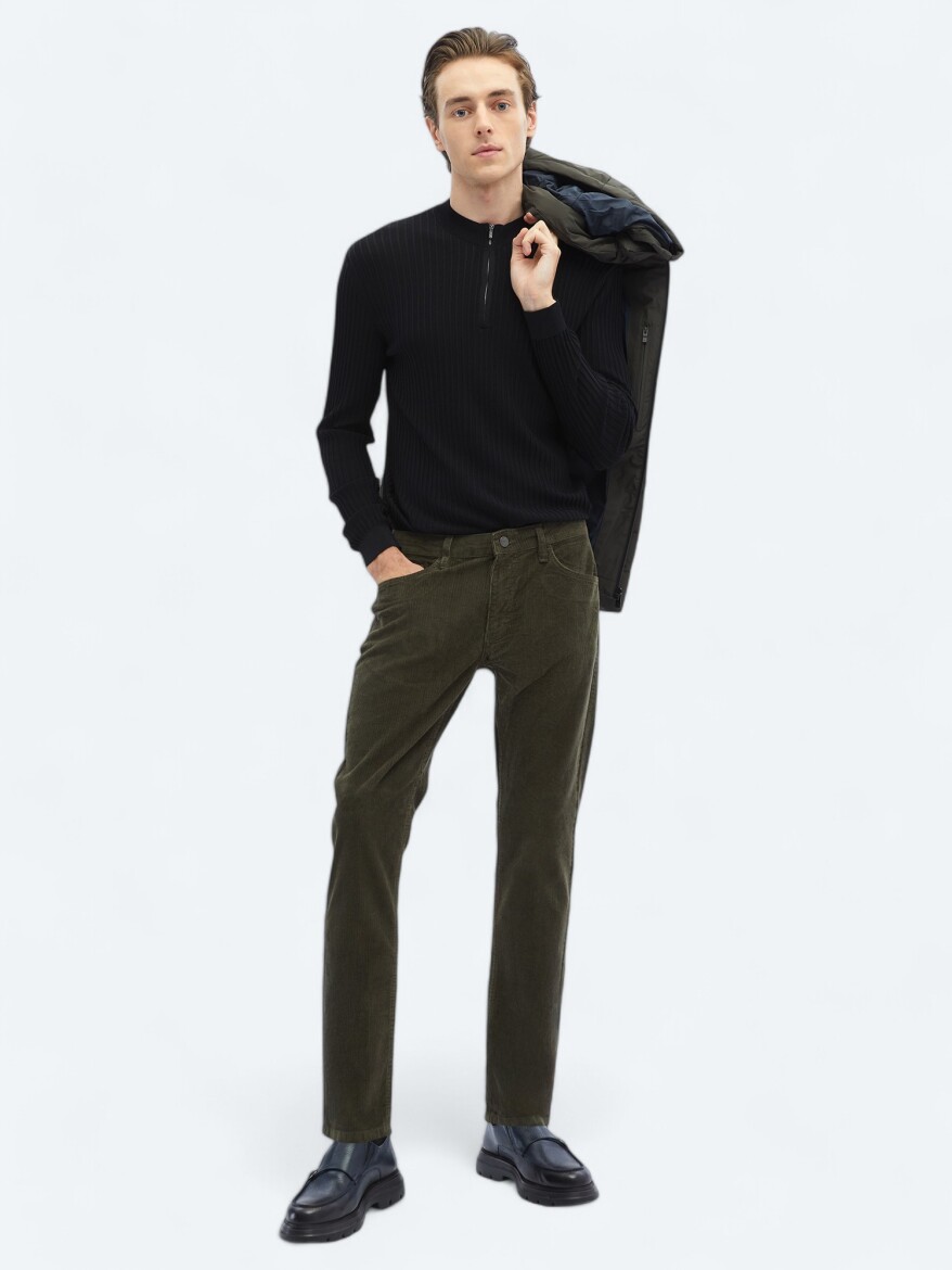 Khaki Weaving Slim Fit Casual Cotton Blended Trousers - KİP