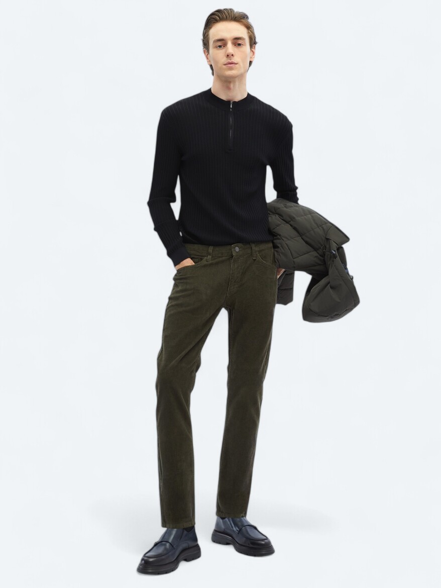 Khaki Weaving Slim Fit Casual Cotton Blended Trousers - KİP