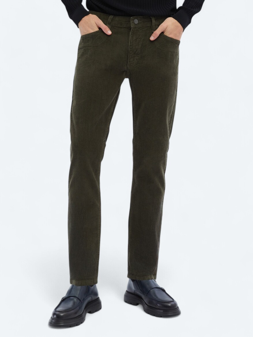 Khaki Weaving Slim Fit Casual Cotton Blended Trousers - 3