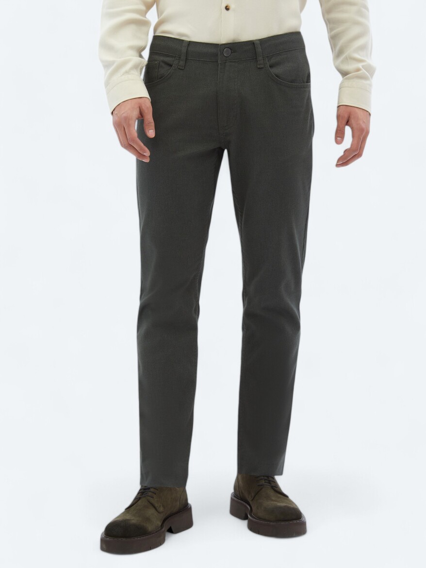 Khaki Weaving Slim Fit Casual Cotton Blended Trousers - 2