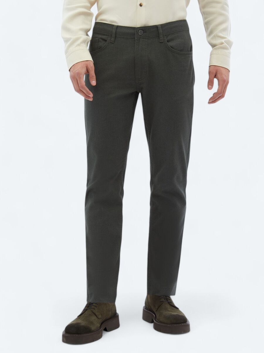 Khaki Weaving Slim Fit Casual Cotton Blended Trousers - 2