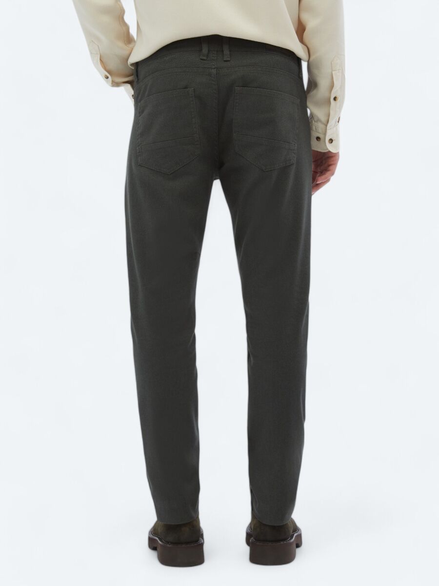 Khaki Weaving Slim Fit Casual Cotton Blended Trousers - 5
