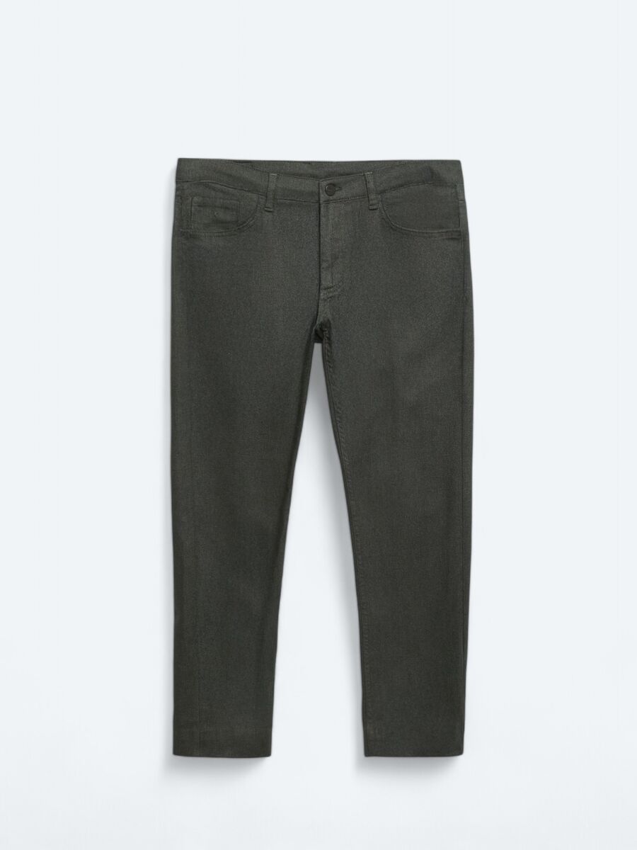 Khaki Weaving Slim Fit Casual Cotton Blended Trousers - 6