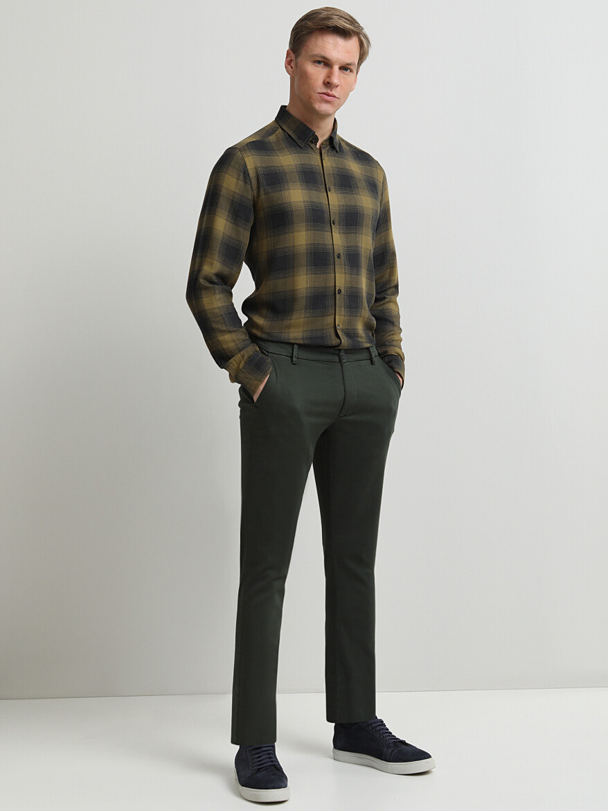 Khaki Weaving Slim Fit Smart Casual Cotton Blended Trousers - 2