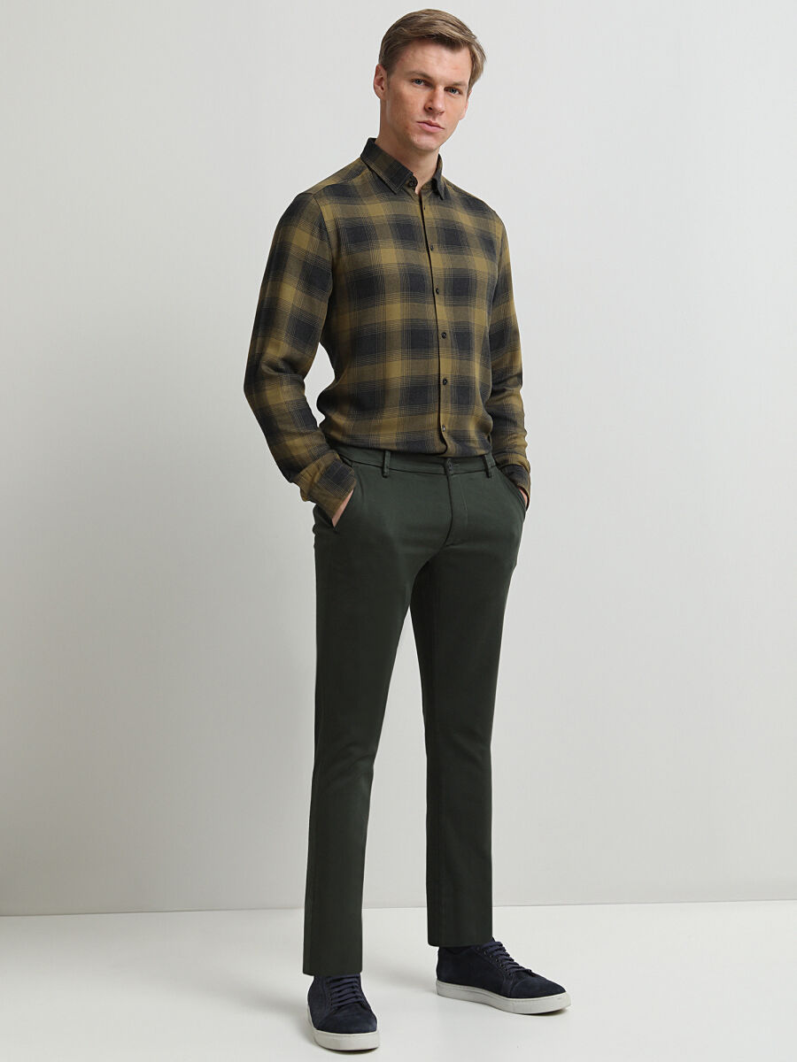 Khaki Weaving Slim Fit Smart Casual Cotton Blended Trousers - 2