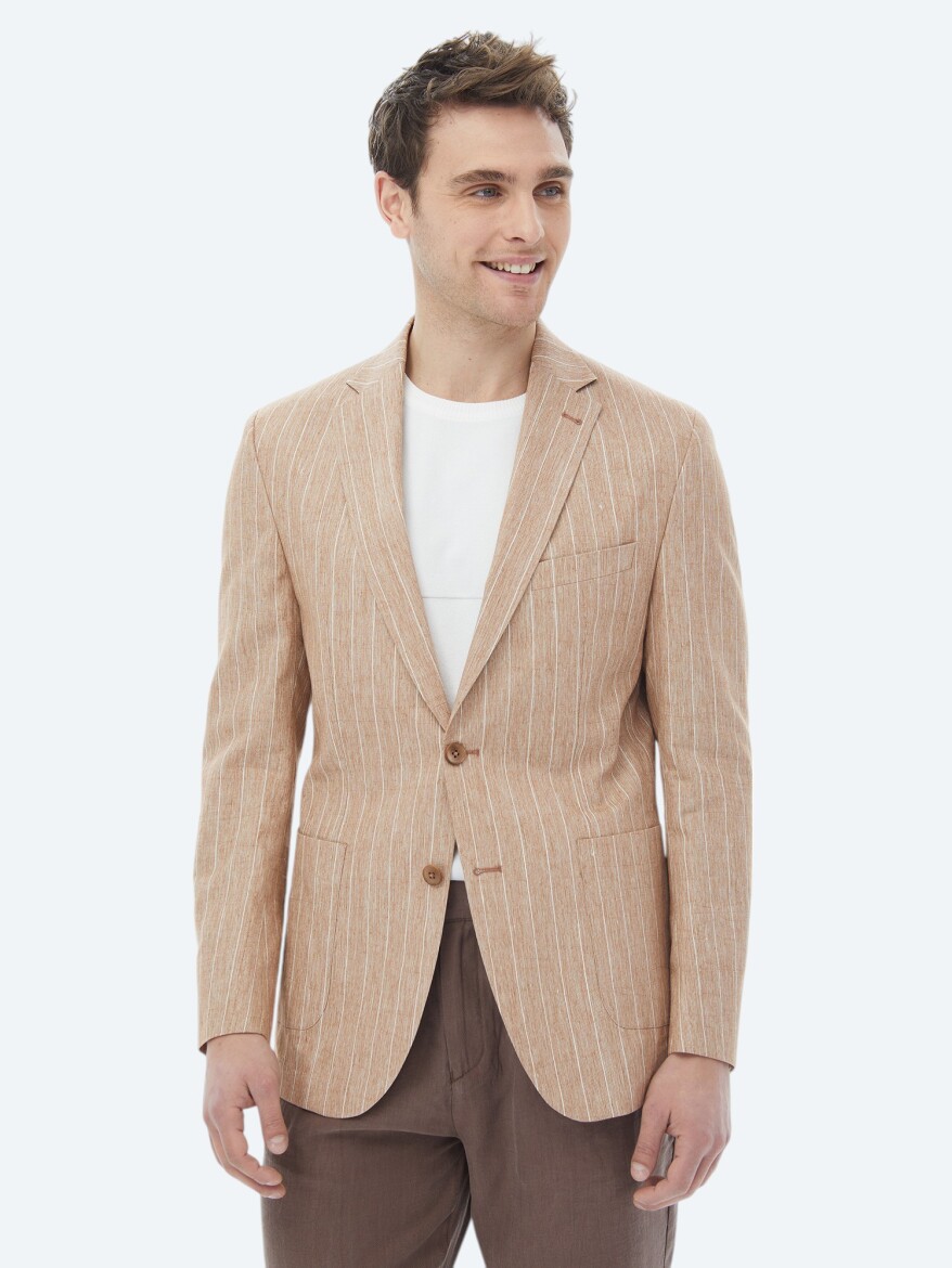 Kiremit Çizgili Modern Fit Pamuk Karışımlı Ceket - 3