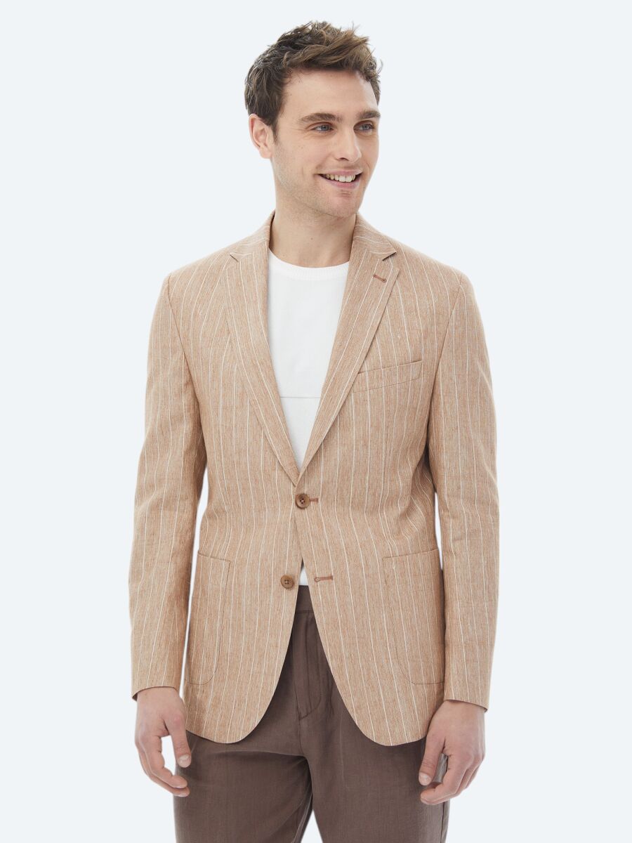 Kiremit Çizgili Modern Fit Pamuk Karışımlı Ceket - 3