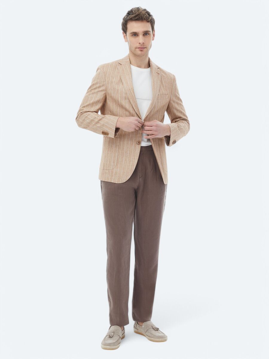 Kiremit Çizgili Modern Fit Pamuk Karışımlı Ceket - 4