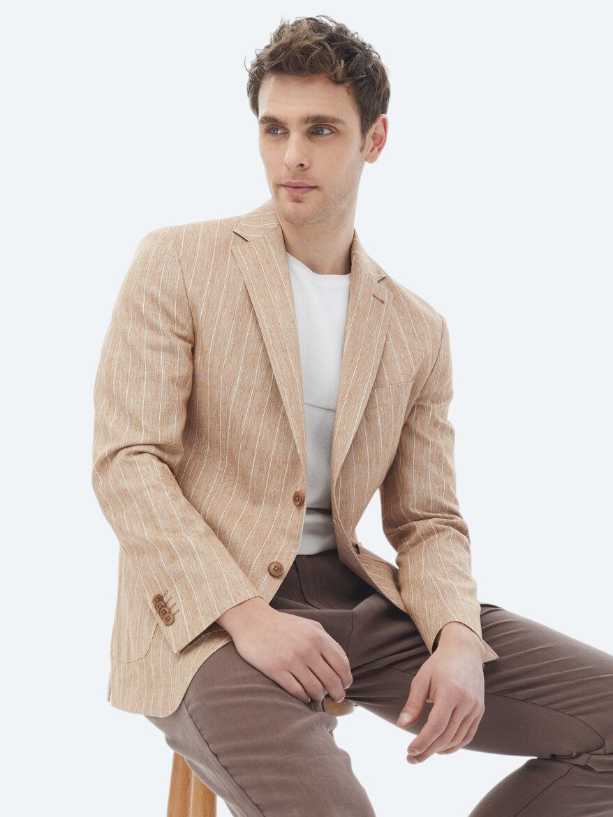 Kiremit Çizgili Modern Fit Pamuk Karışımlı Ceket - 11