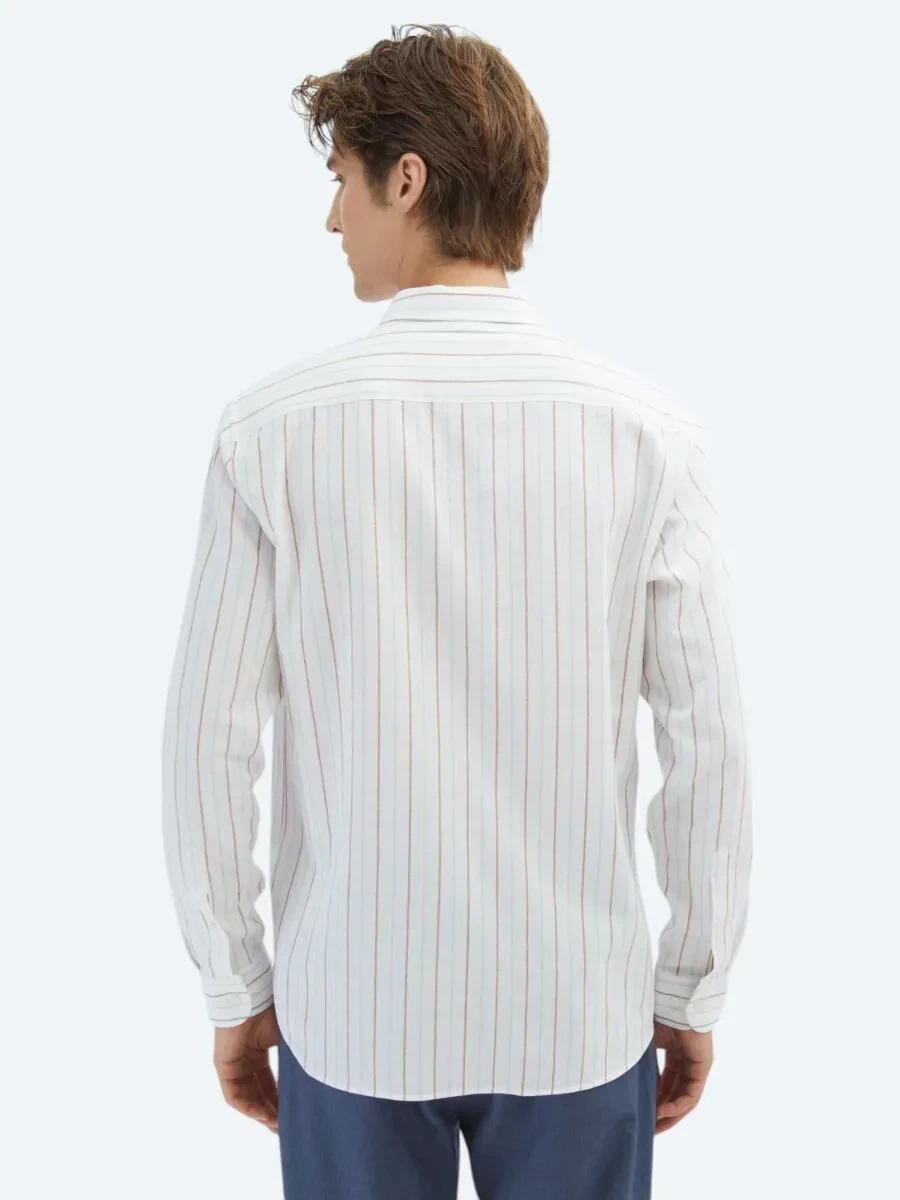 Kiremit Çizgili Regular Fit Dokuma Casual %100 Pamuk Gömlek - 5