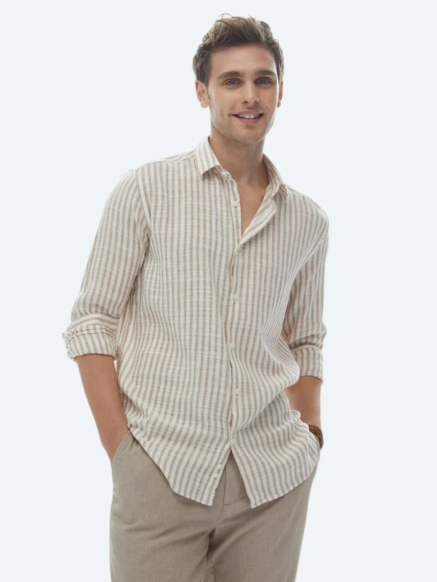 Kiremit Çizgili Regular Fit Dokuma Casual Pamuk Karışımlı Gömlek - 1