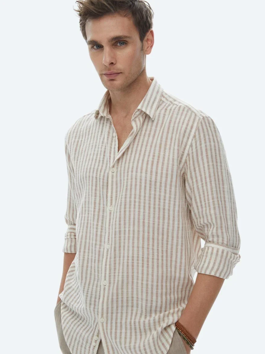 Kiremit Çizgili Regular Fit Dokuma Casual Pamuk Karışımlı Gömlek - 2